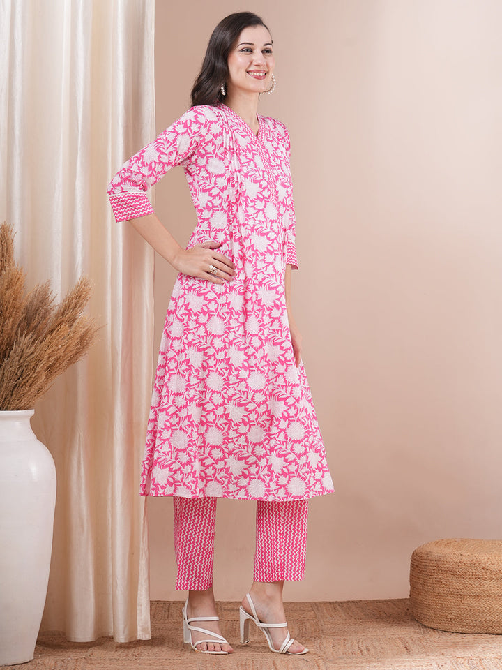 Floral Khari Printed A-Line Pleated Kurta with Pant - Pink