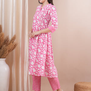 Floral Khari Printed A-Line Pleated Kurta with Pant - Pink
