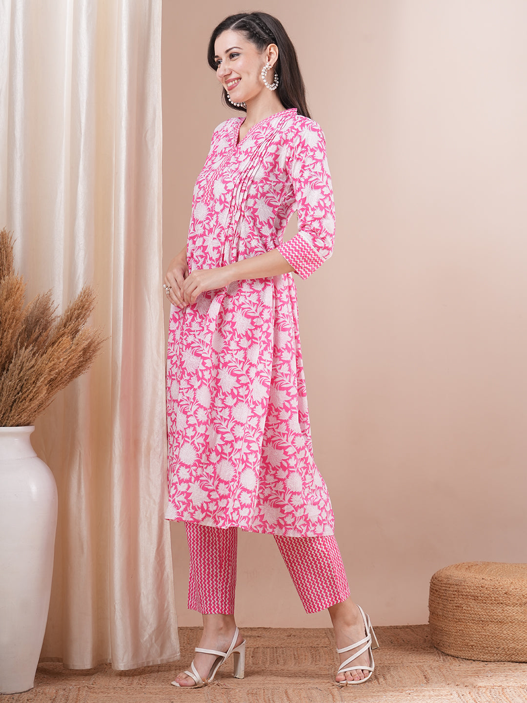 Floral Khari Printed A-Line Pleated Kurta with Pant - Pink