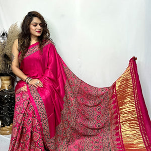 Fine Modal Silk Authetic Hand blocked Ajrakh Print Saree