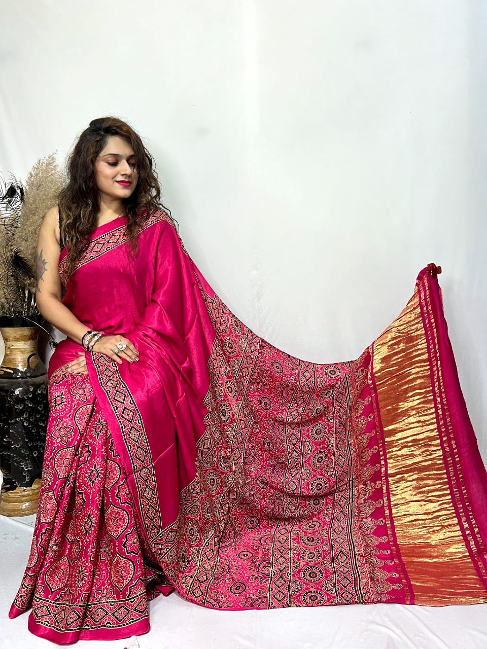 Fine Modal Silk Authetic Hand blocked Ajrakh Print Saree