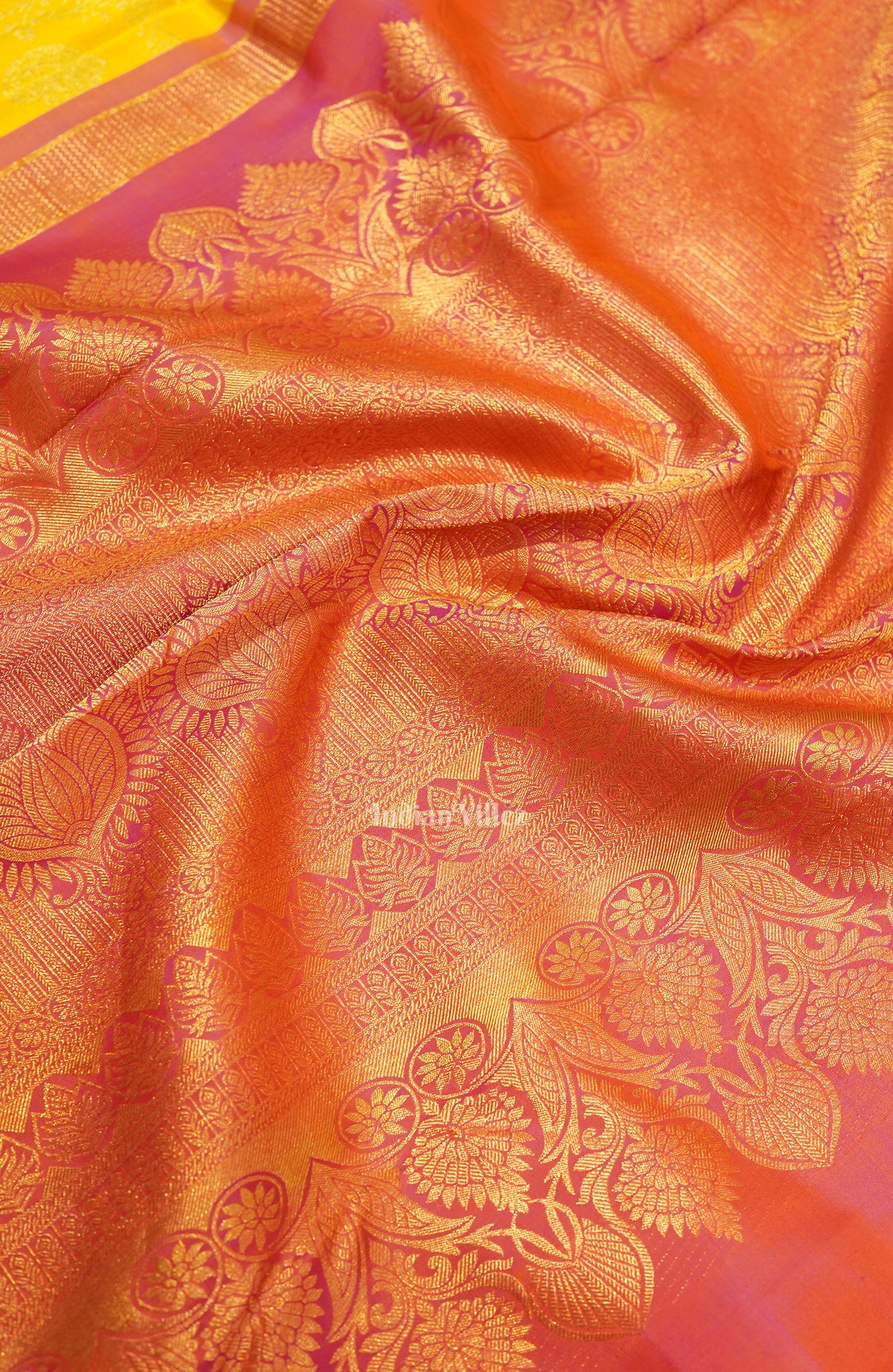 Yellow Pink Pure Kanjivaram Silk Saree