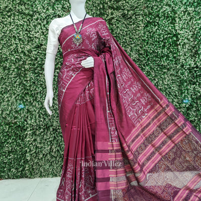 Wine Color Tribal Theme Sambalpuri Silk Saree