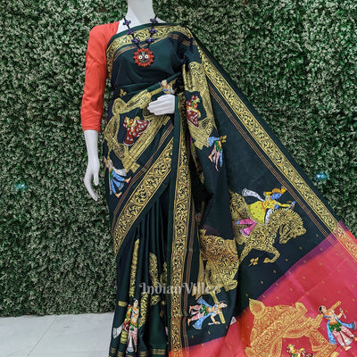 Bright Green with Red Doli Barat Theme Hand-Painted Pattachitra Saree