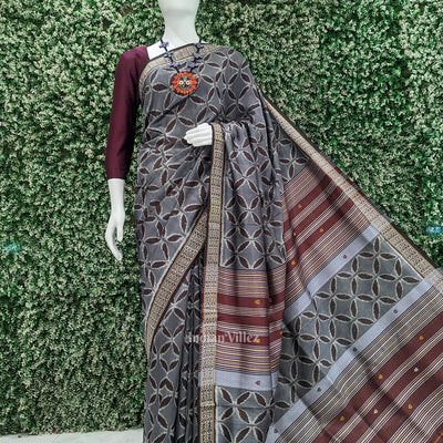 Cement Gray Maroon Floral Motif Sambalpuri Silk Saree
