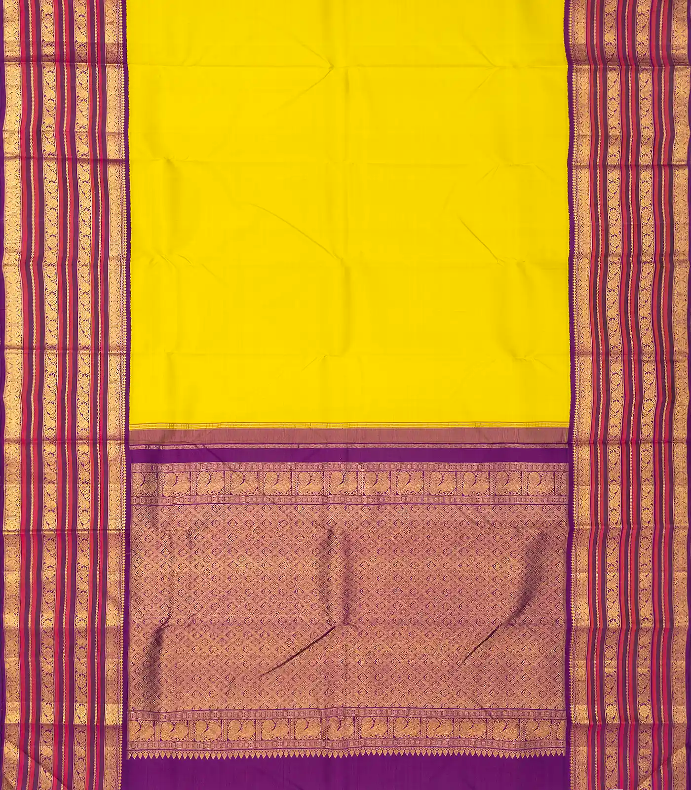 Lime Green Handloom Korvai Kanchipuram Silk Saree With Contrast Border