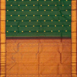 Dark Green Handloom Kanchipuram Silk Saree With Stripes & Buttas
