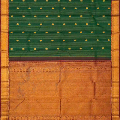 Dark Green Handloom Kanchipuram Silk Saree With Stripes & Buttas
