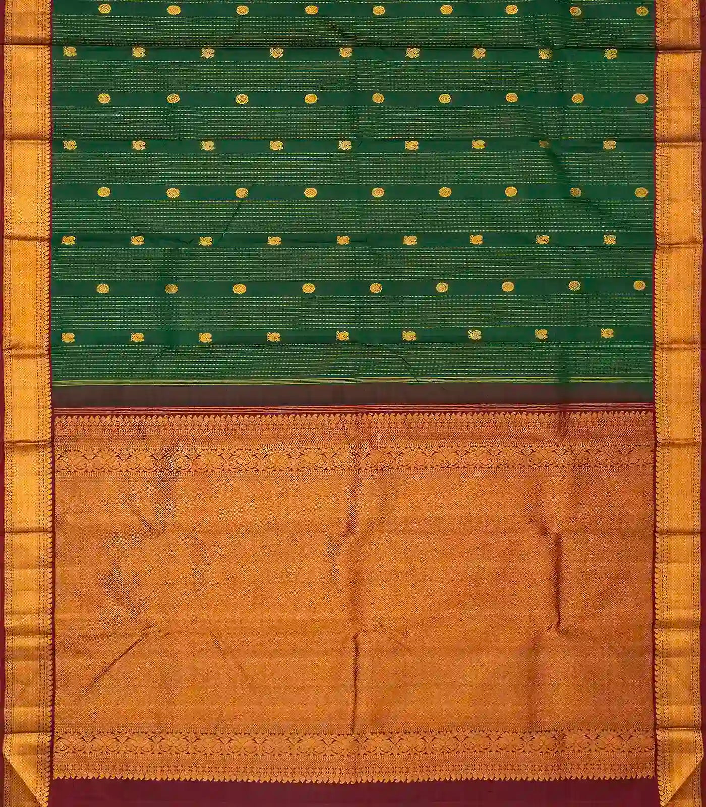 Dark Green Handloom Kanchipuram Silk Saree With Stripes & Buttas