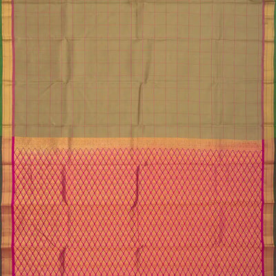 Taupe Silk Saree With Checks & Pink Border