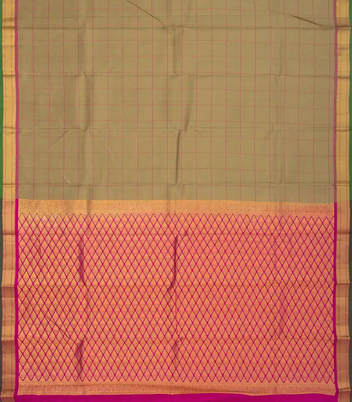 Taupe Silk Saree With Checks & Pink Border