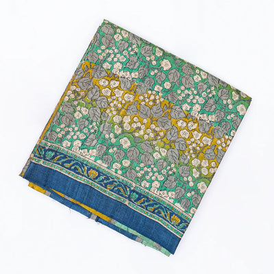 Aquamarine Handloom Tussar Silk Saree With Printed Floral Motifs