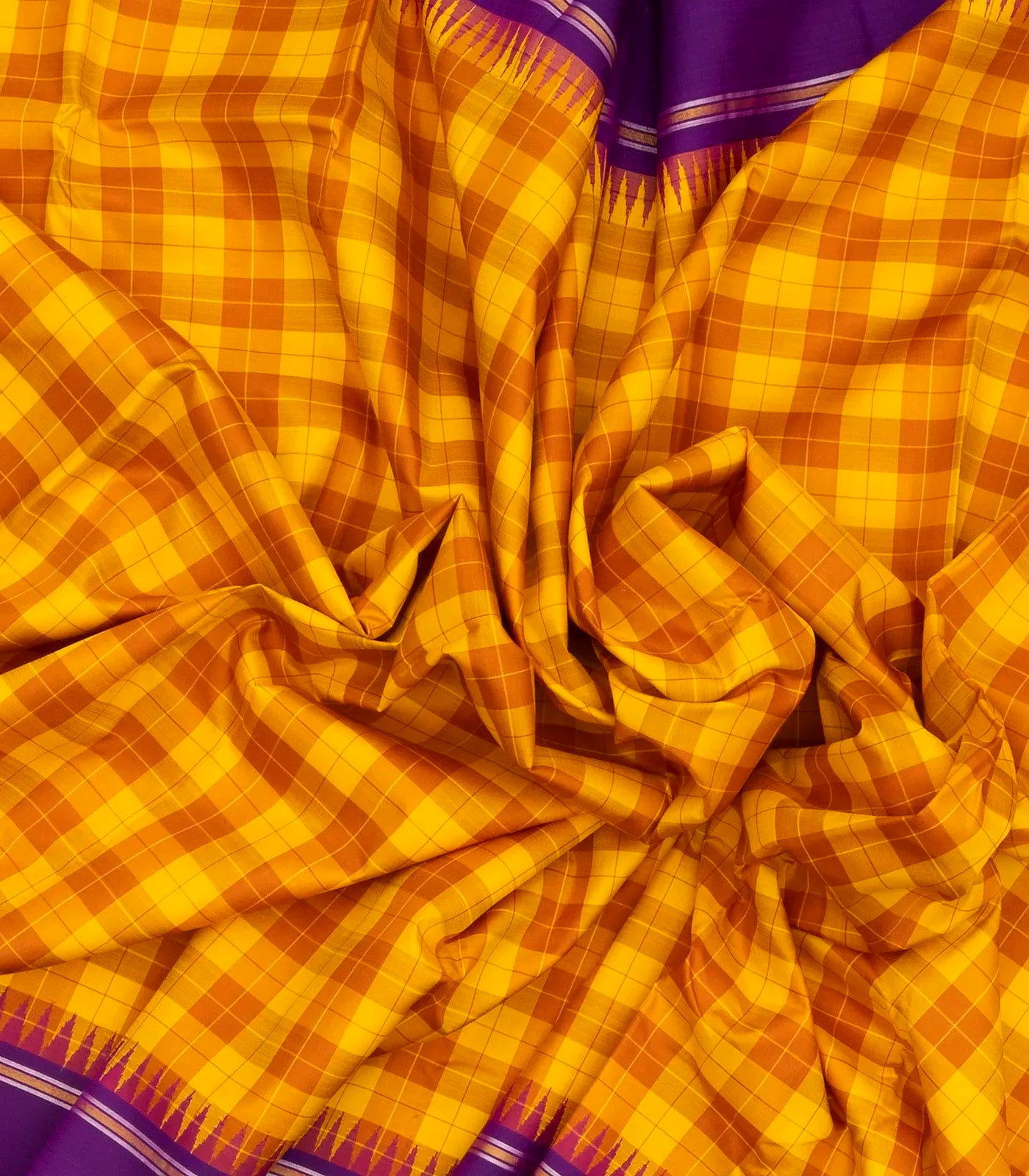 Mustard Handloom Kanchipuram Korvai Silk Saree With Silk Checks