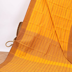 Yellow striped semi-banaras tussar saree with contrast border & checked pallu
