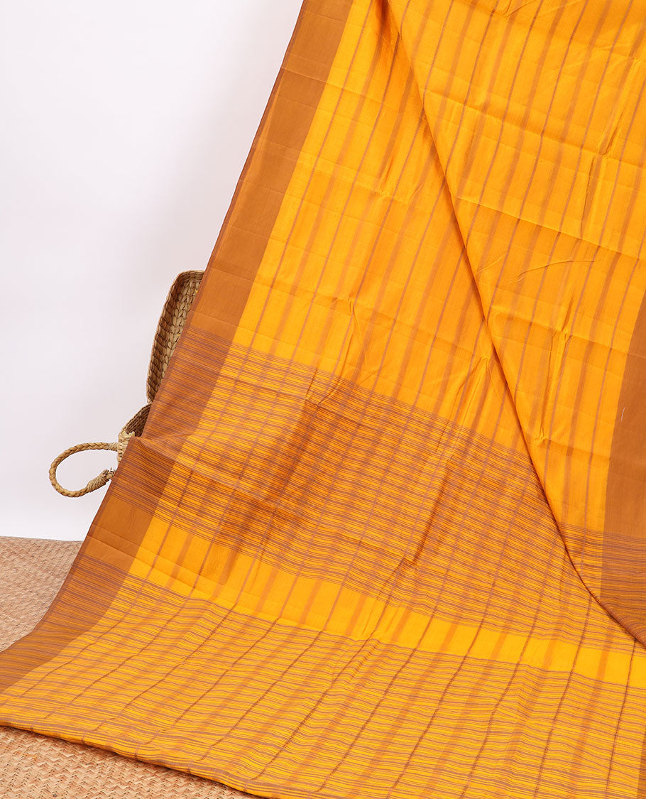 Yellow striped semi-banaras tussar saree with contrast border & checked pallu