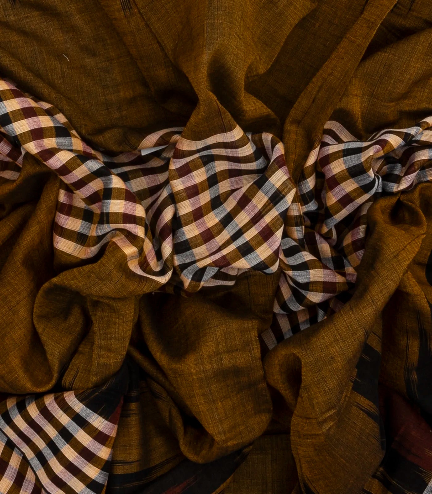 Dark Olive Orissa Cotton Saree With Black Temple Border