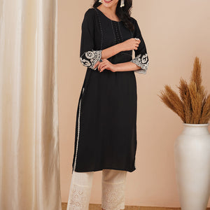 Solid Ethnic Embroidered Straight Fit Kurta - Black