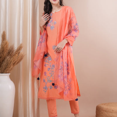 Floral Patchwork Embroidered Straight Fit Kurta with Pant and Printed Dupatta - Peach