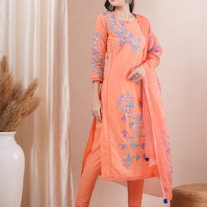 Floral Patchwork Embroidered Straight Fit Kurta with Pant and Printed Dupatta - Peach