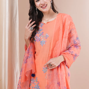 Floral Patchwork Embroidered Straight Fit Kurta with Pant and Printed Dupatta - Peach