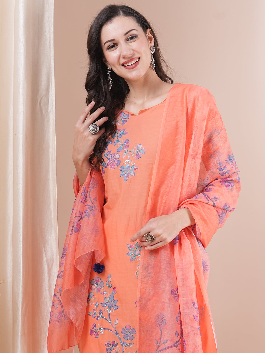 Floral Patchwork Embroidered Straight Fit Kurta with Pant and Printed Dupatta - Peach