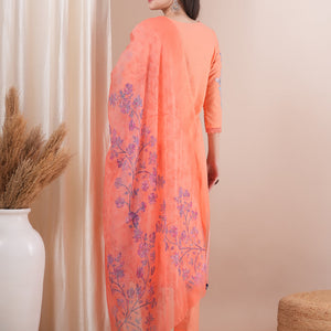 Floral Patchwork Embroidered Straight Fit Kurta with Pant and Printed Dupatta - Peach
