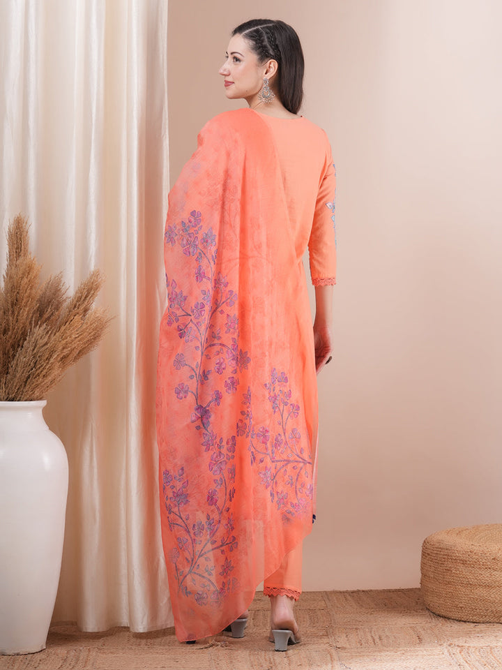 Floral Patchwork Embroidered Straight Fit Kurta with Pant and Printed Dupatta - Peach