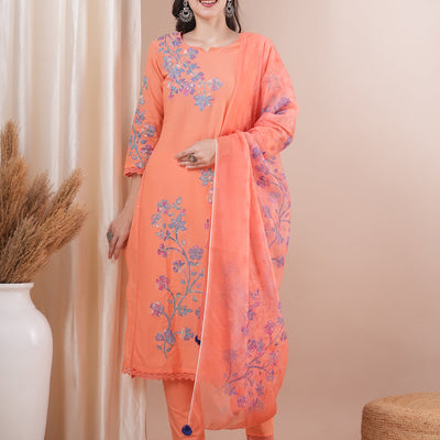 Floral Patchwork Embroidered Straight Fit Kurta with Pant and Printed Dupatta - Peach