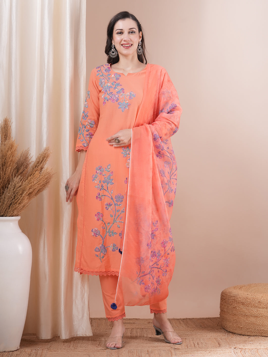 Floral Patchwork Embroidered Straight Fit Kurta with Pant and Printed Dupatta - Peach