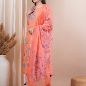 Floral Patchwork Embroidered Straight Fit Kurta with Pant and Printed Dupatta - Peach