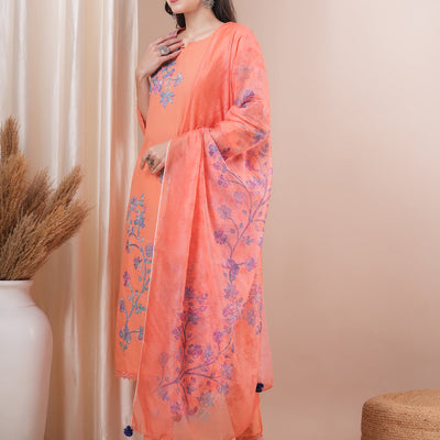 Floral Patchwork Embroidered Straight Fit Kurta with Pant and Printed Dupatta - Peach