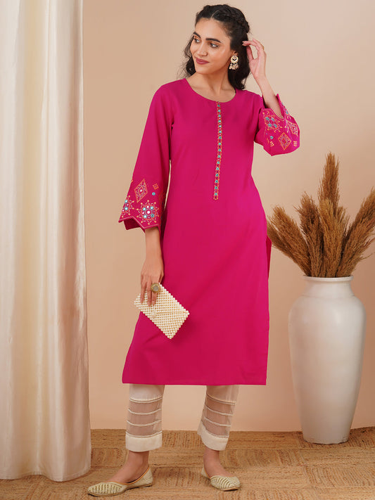 Solid Ethnic Embroidered Straight Fit Kurta - Pink