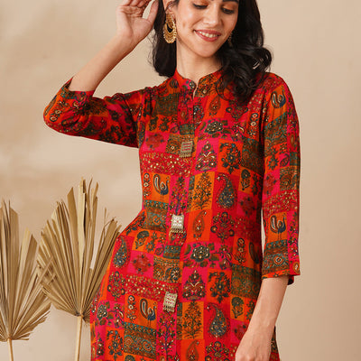 Abstract Floral Foil Printed Straight Fit Kurta - Multi