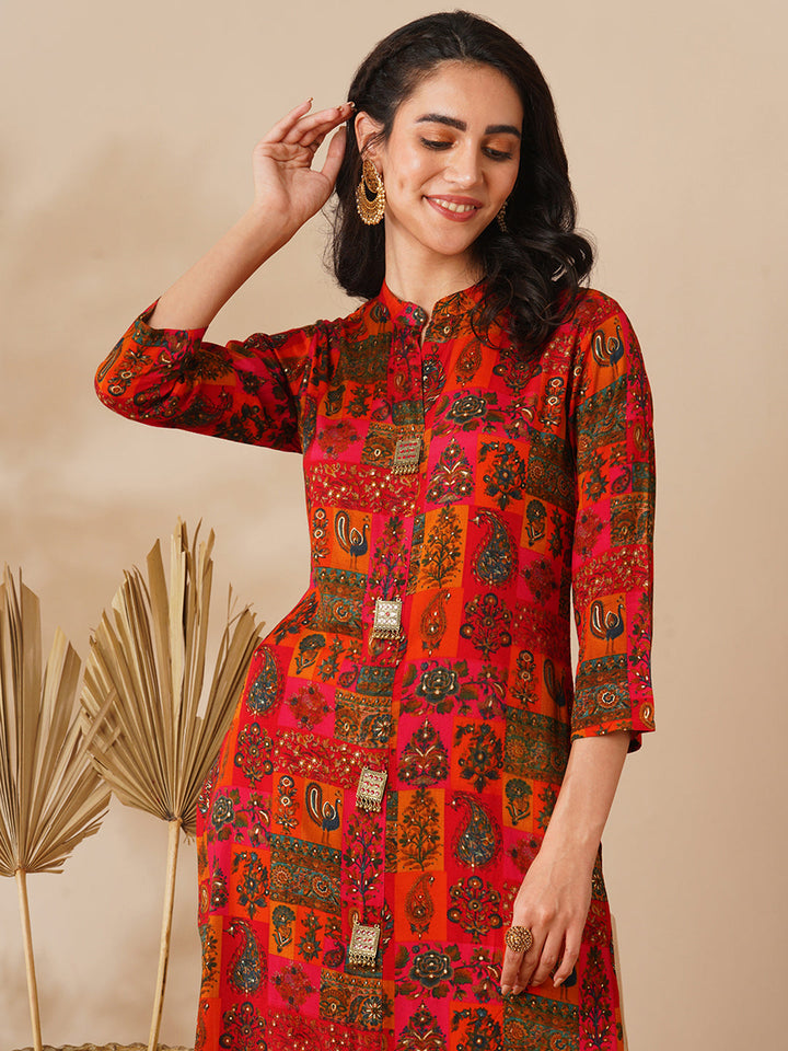 Abstract Floral Foil Printed Straight Fit Kurta - Multi