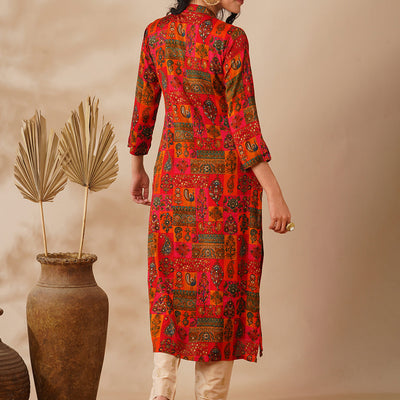 Abstract Floral Foil Printed Straight Fit Kurta - Multi