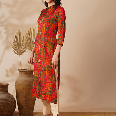 Abstract Floral Foil Printed Straight Fit Kurta - Multi