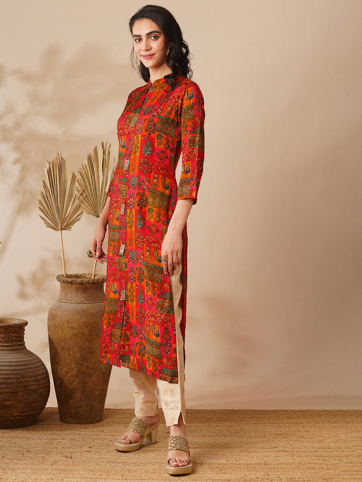 Abstract Floral Foil Printed Straight Fit Kurta - Multi