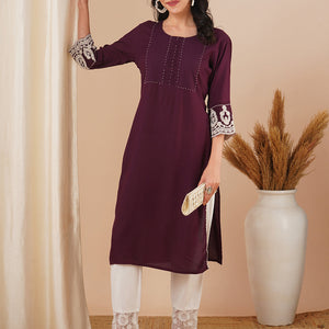 Solid Ethnic Embroidered Straight Fit Kurta - Purple