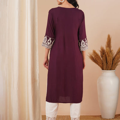 Solid Ethnic Embroidered Straight Fit Kurta - Purple