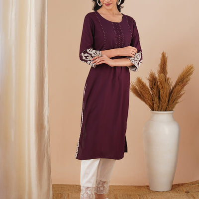 Solid Ethnic Embroidered Straight Fit Kurta - Purple