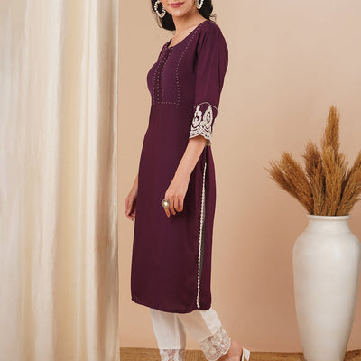 Solid Ethnic Embroidered Straight Fit Kurta - Purple