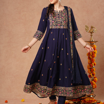 Solid Floral Embroidered Anarkali Kurta with Pant & Dupatta - Blue