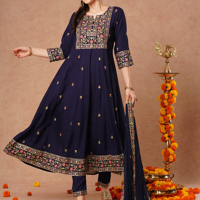 Solid Floral Embroidered Anarkali Kurta with Pant & Dupatta - Blue