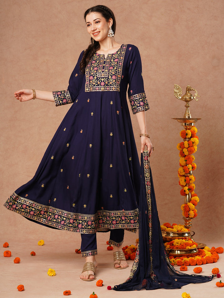 Solid Floral Embroidered Anarkali Kurta with Pant & Dupatta - Blue