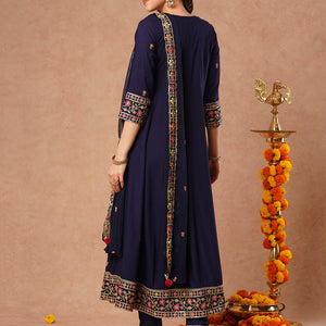 Solid Floral Embroidered Anarkali Kurta with Pant & Dupatta - Blue