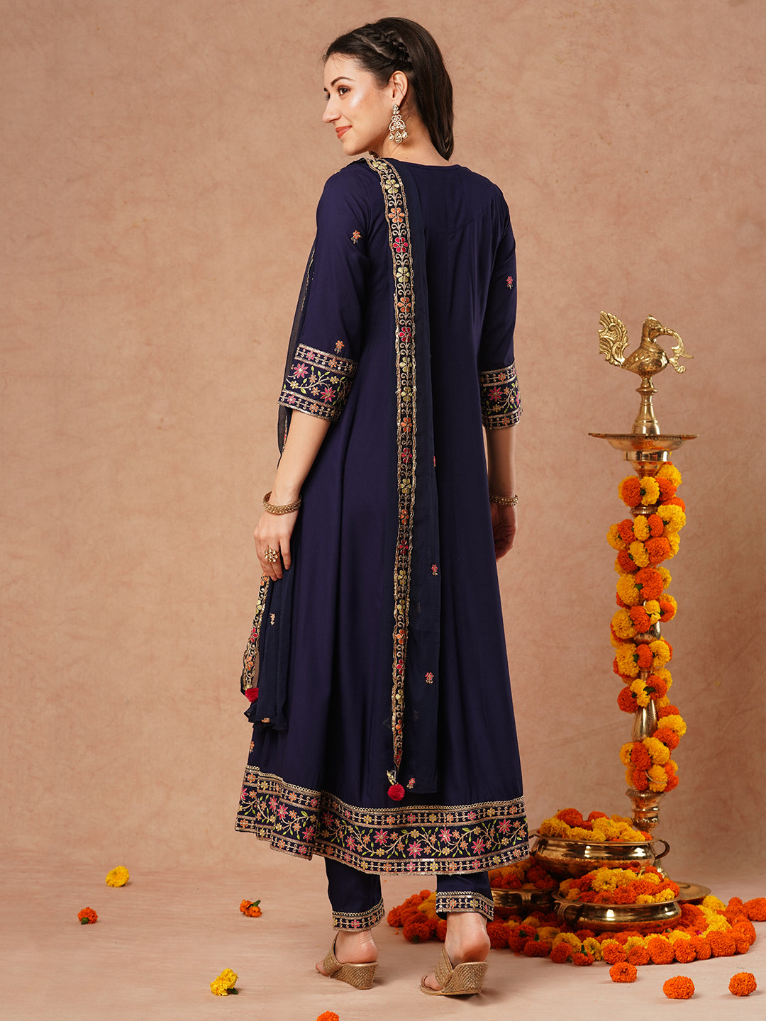 Solid Floral Embroidered Anarkali Kurta with Pant & Dupatta - Blue