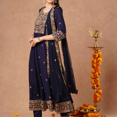 Solid Floral Embroidered Anarkali Kurta with Pant & Dupatta - Blue