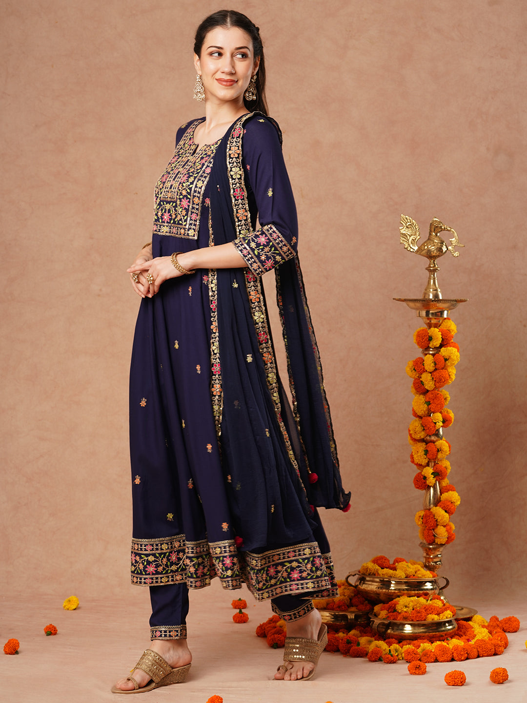 Solid Floral Embroidered Anarkali Kurta with Pant & Dupatta - Blue