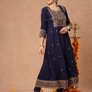 Solid Floral Embroidered Anarkali Kurta with Pant & Dupatta - Blue