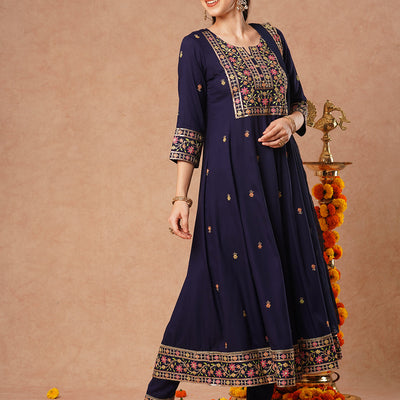 Solid Floral Embroidered Anarkali Kurta with Pant & Dupatta - Blue